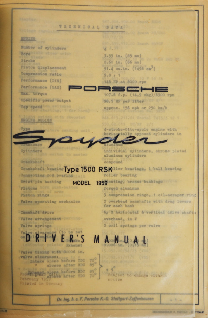 Original Druckvorlage für die Betriebsanleitung Porsche Spyder Typ 1500 RSK Model 1959