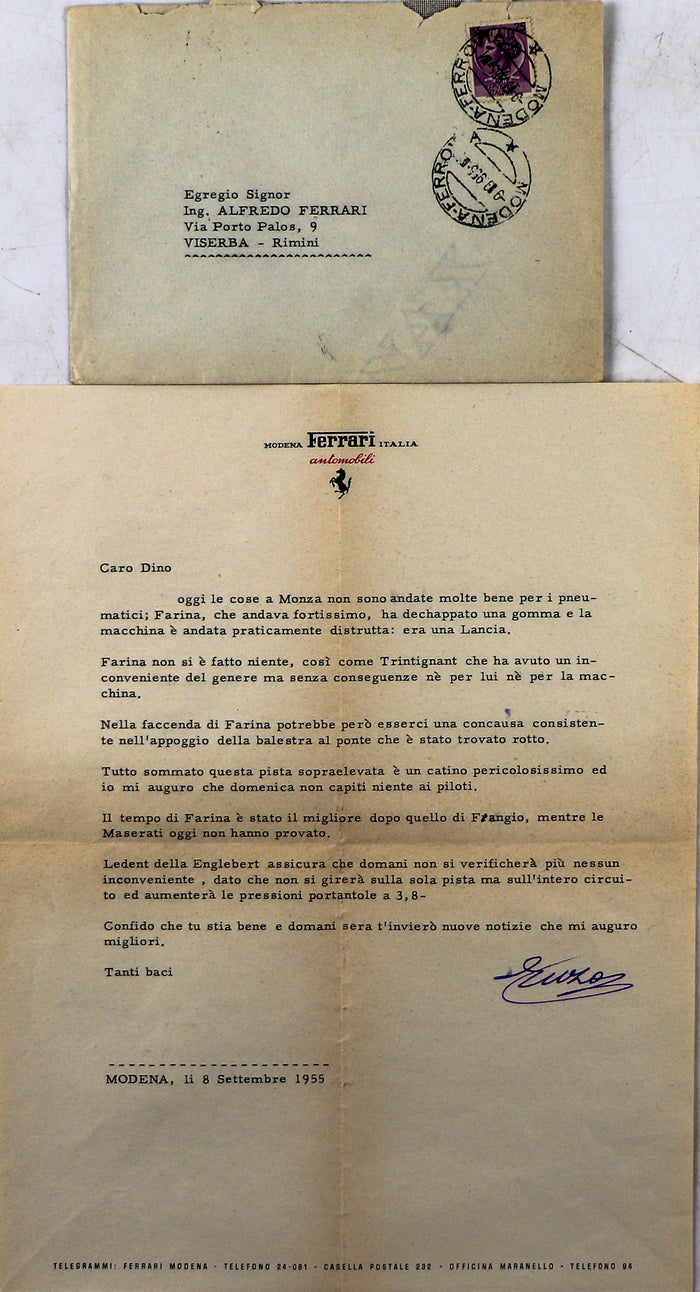 Brief an Dino Ferrari von Enzo Ferrari Betreff GP Monza 1955