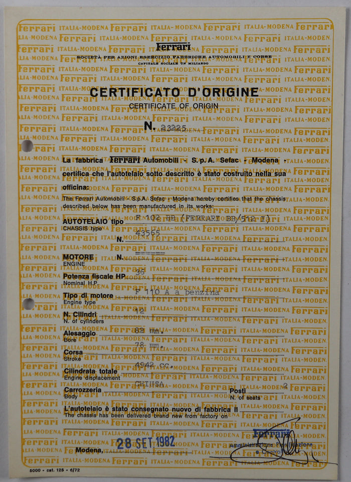 Certificato d'Origine 512BBi