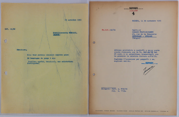 Letter between Dino Ferrari and Garage Francorchamps in 1955