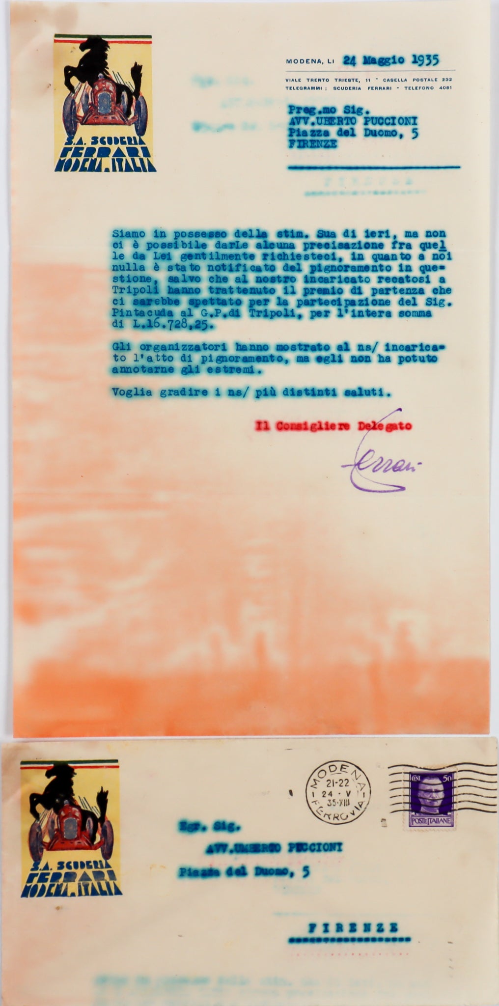 Autoographed writing from Enzo Ferrari to racing driver Carlo Maria Pi ...