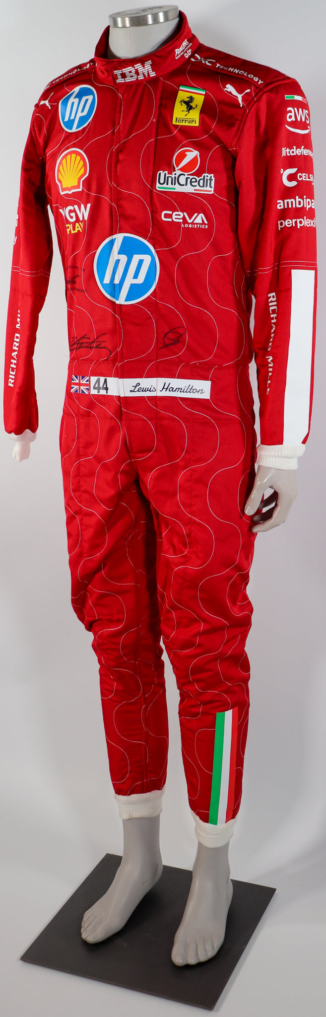 Hand-signed 2025 Scuderia Ferrari racing suit by Lewis Hamilton