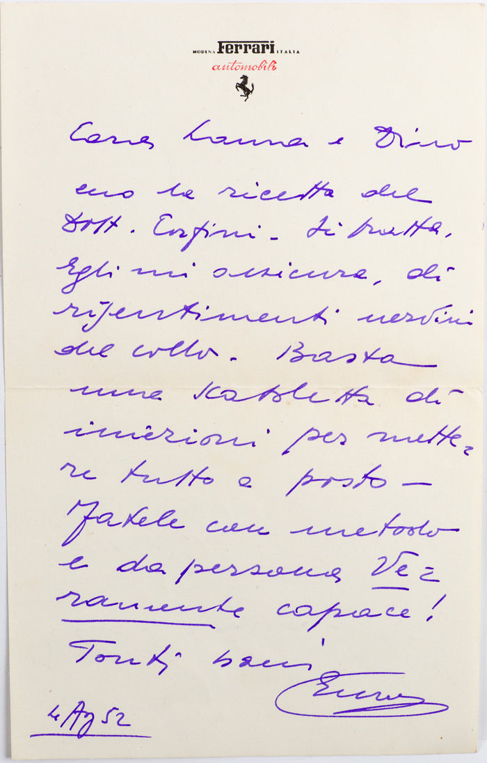 Handschriftlicher Brief von Enzo Ferrari