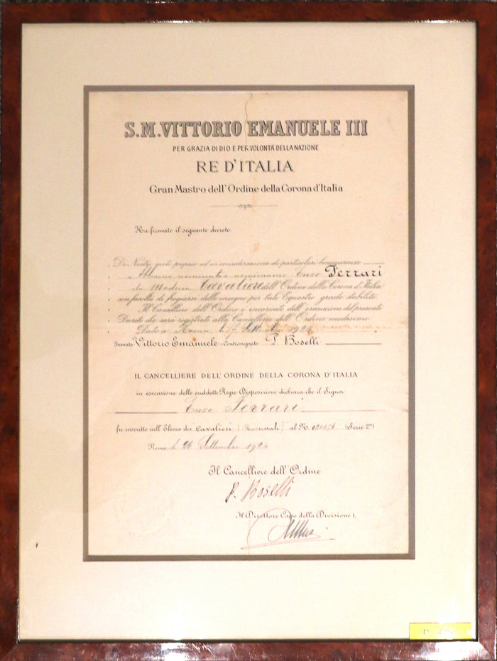 Orig. Urkunde aus dem Privatbesitz von Enzo Ferrari zur Ernennung zum "Cavaliere del Lavoro"