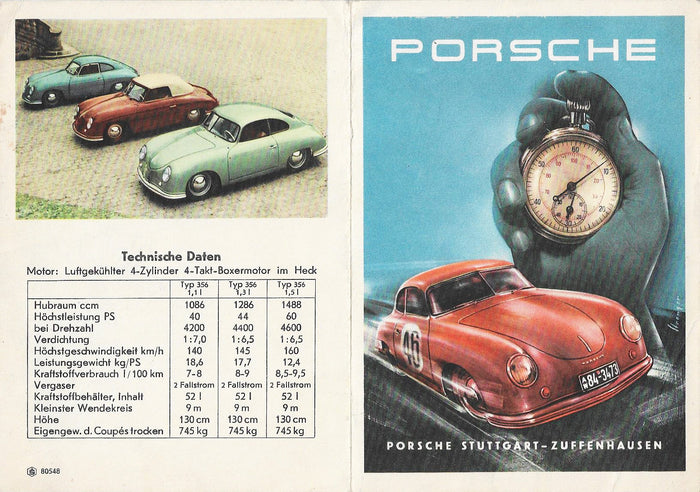 Porsche Prospekt Stundenplan Typ 356 mit technischen Daten für 1,1 / 1,3 / 1,4 Liter Modelle