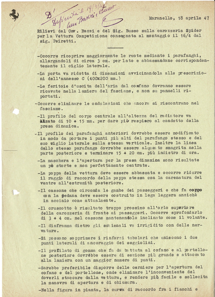 2 Seiten interne technische Unterlagen über den Bau / Verbesserungen der beiden ersten Ferrari 125 Chassisnr. 001 und 002