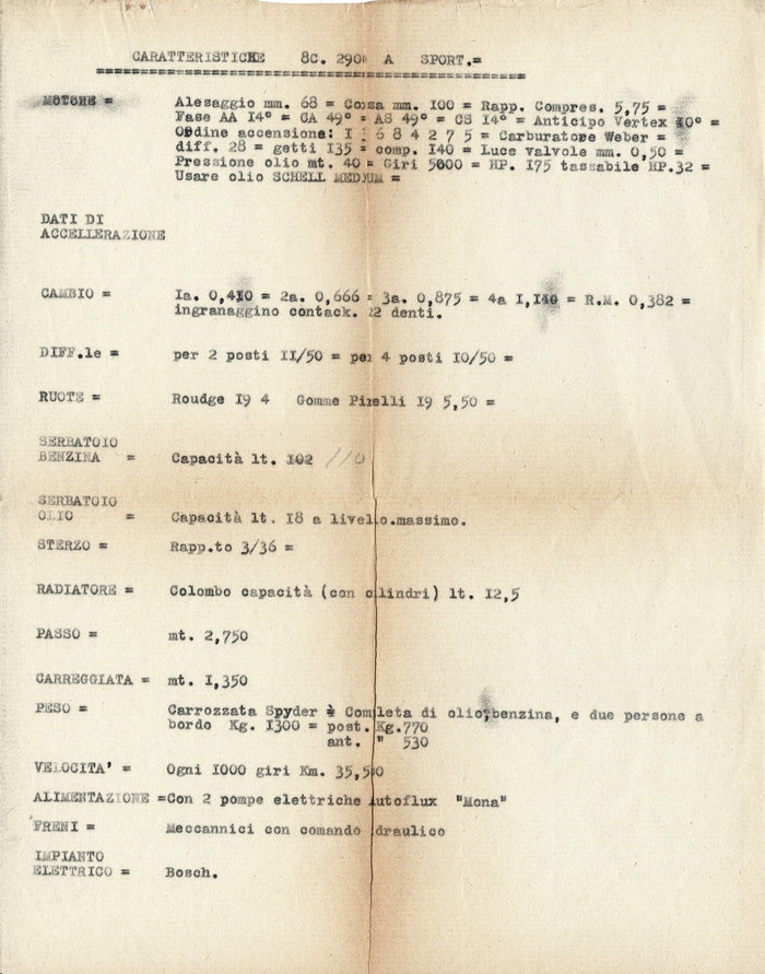 Alfa Romeo 8C 2900A Datenblatt Nachlass von Giovanni Battista Guidotti
