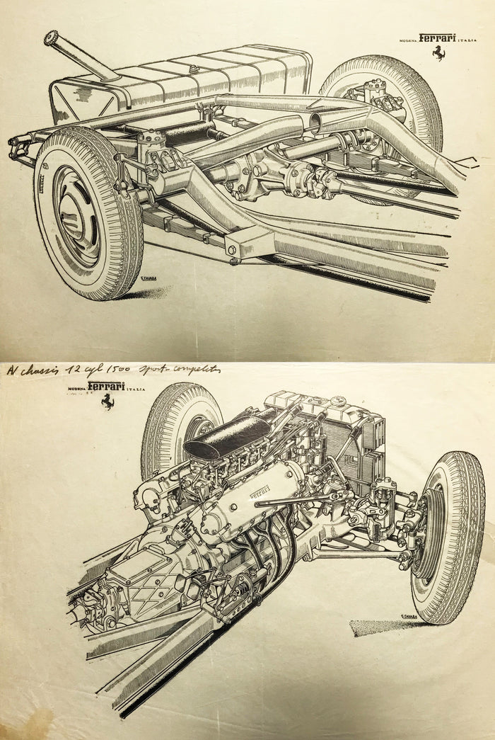 3 Original Ferrari 125 S Sheets von 1947, diese wurden in der Zeitschrift Automobil Revue Februar 1947 veröffentlicht. Früheste bekannte Ferrari Publikation, für das erste gebaute Fahrzeug nach dem Krieg. Zeichner war Cavara