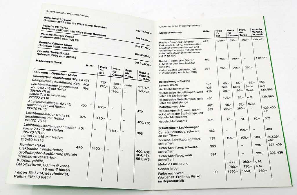 Preisliste Porsche 911 Carrera/Turbo Modelle 1977