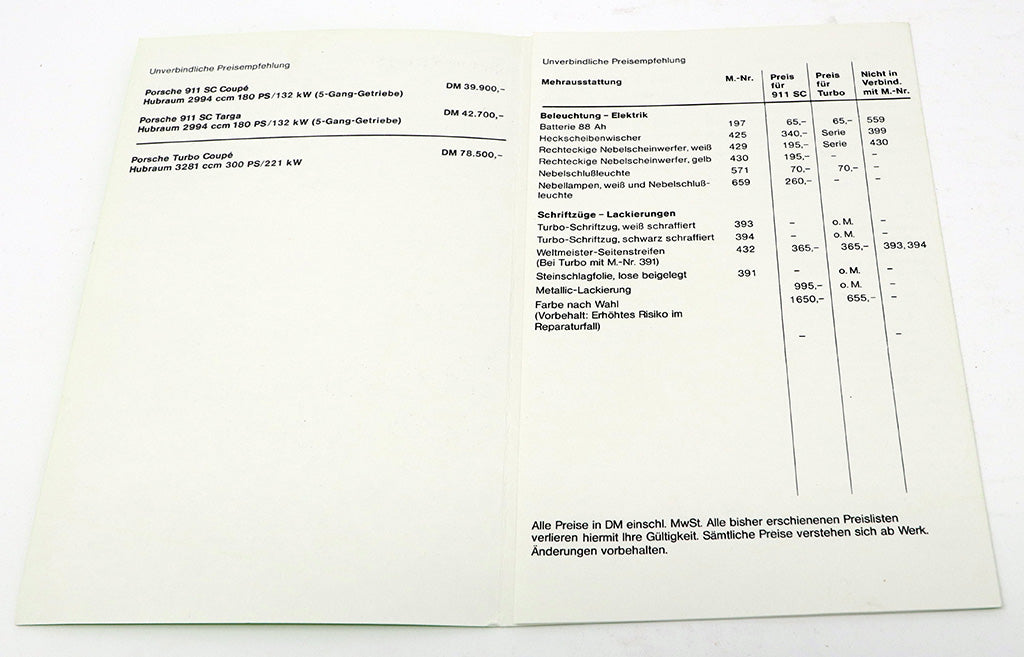 Preisliste Porsche 911 SC/Turbo Modelle 1978