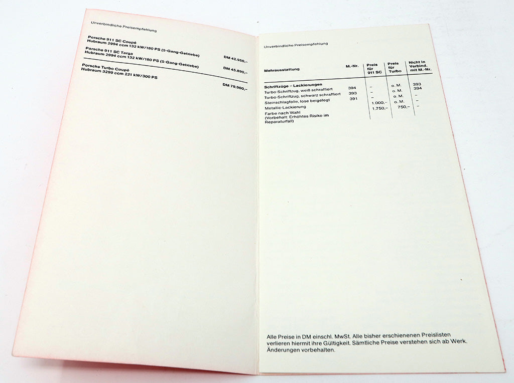 Preisliste Porsche 911 SC/Turbo Modelle 1979